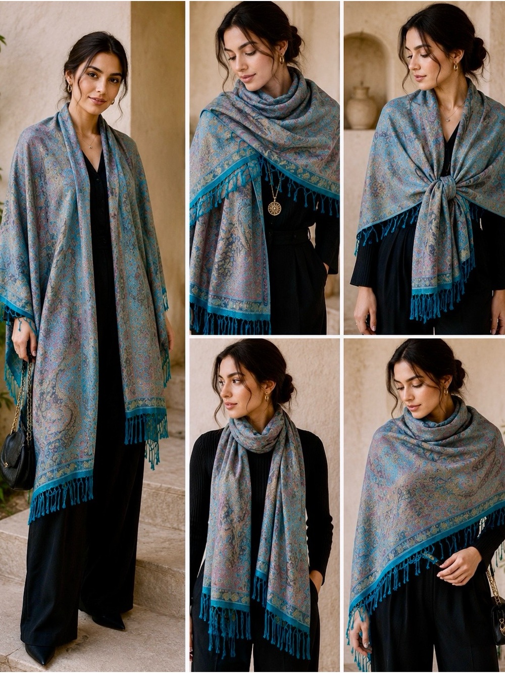 Pashmina ~~Elegant Teal Paisley Fringe Shawl - Versatile Women's Wrap - Picture 2 of 6